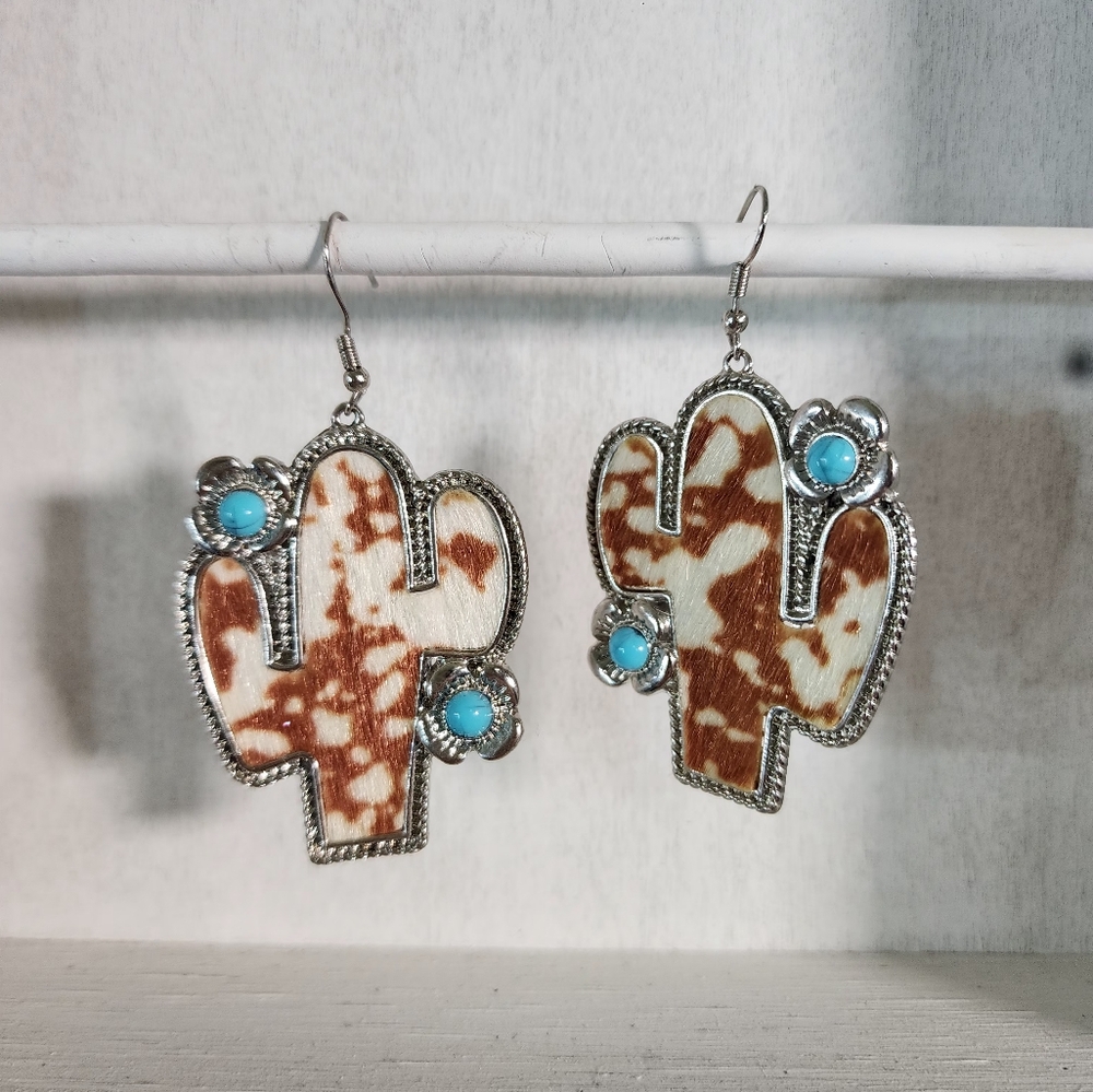 Silver and Brown Cactus Earrings with Turquoise Accents